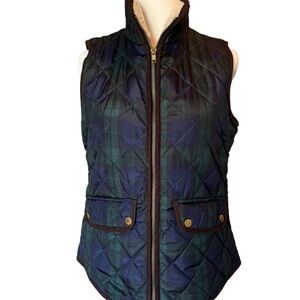 Plaid navy and green puffer vest with shearling neck and gold buttons